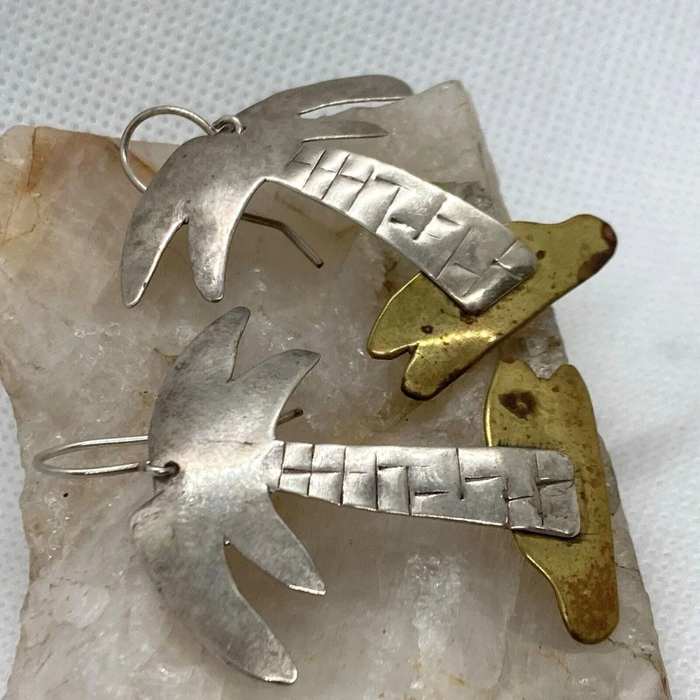 Vintage Palm Trees Sterling Silver 925 & Brass Matching‎ Earring & Brooch Set 9g